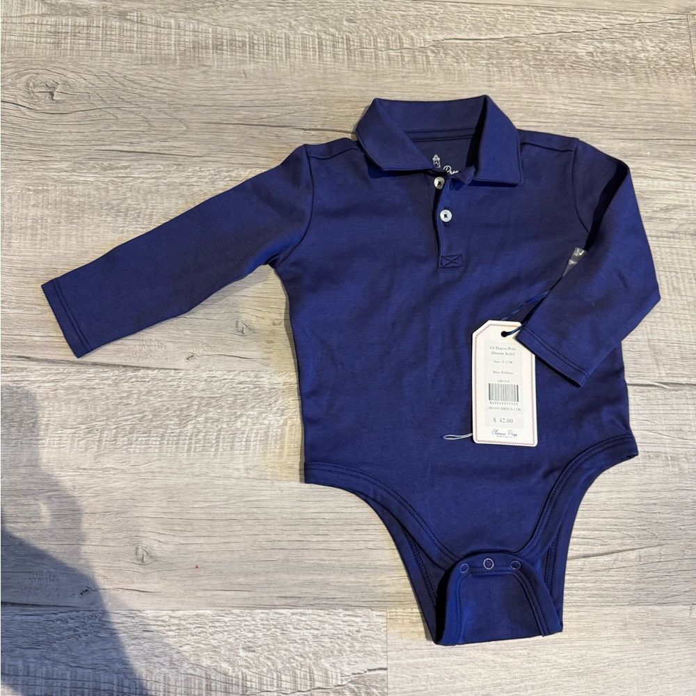 NWT Classic Prep Navy Long Sleeve Bodysuit Size 9-12m